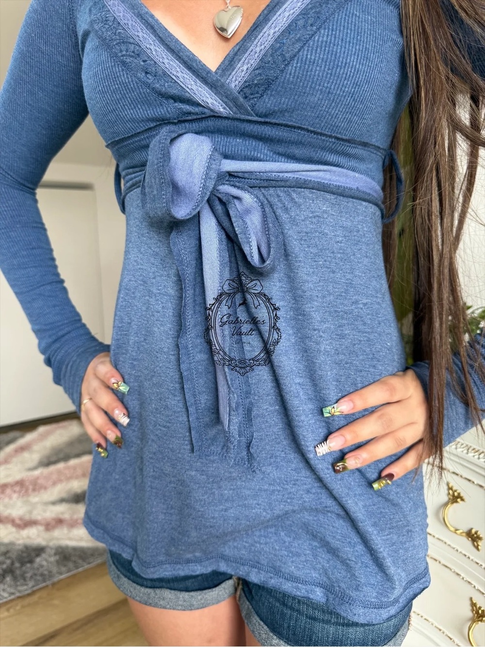 Blue Long-Sleeve Babydoll Top - Casual Lightweight soft